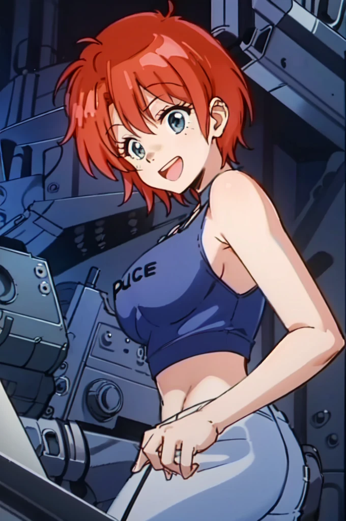 leonaozaki, 1girl, solo, red hair, upper body, police uniform, (black tanktop), smile, mouth open, <lora:Leona_Dominion_Tank_Police-000012:1>