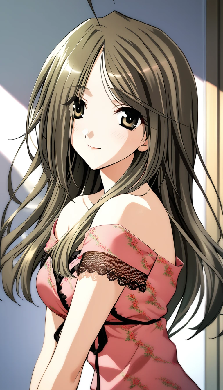 ((face front)), (looking at camera), ((sexy girl)), ((young_adult_face)), (brown eyes), anime girl, gradient (brown hair), curly hair, tight curls, long hair, hispanic hair, frizzy hair, (shiny skin), brown_hair, solo, rating:questionable, indoors, ❤ love, beautiful, ((masterpiece)), wearing blouse