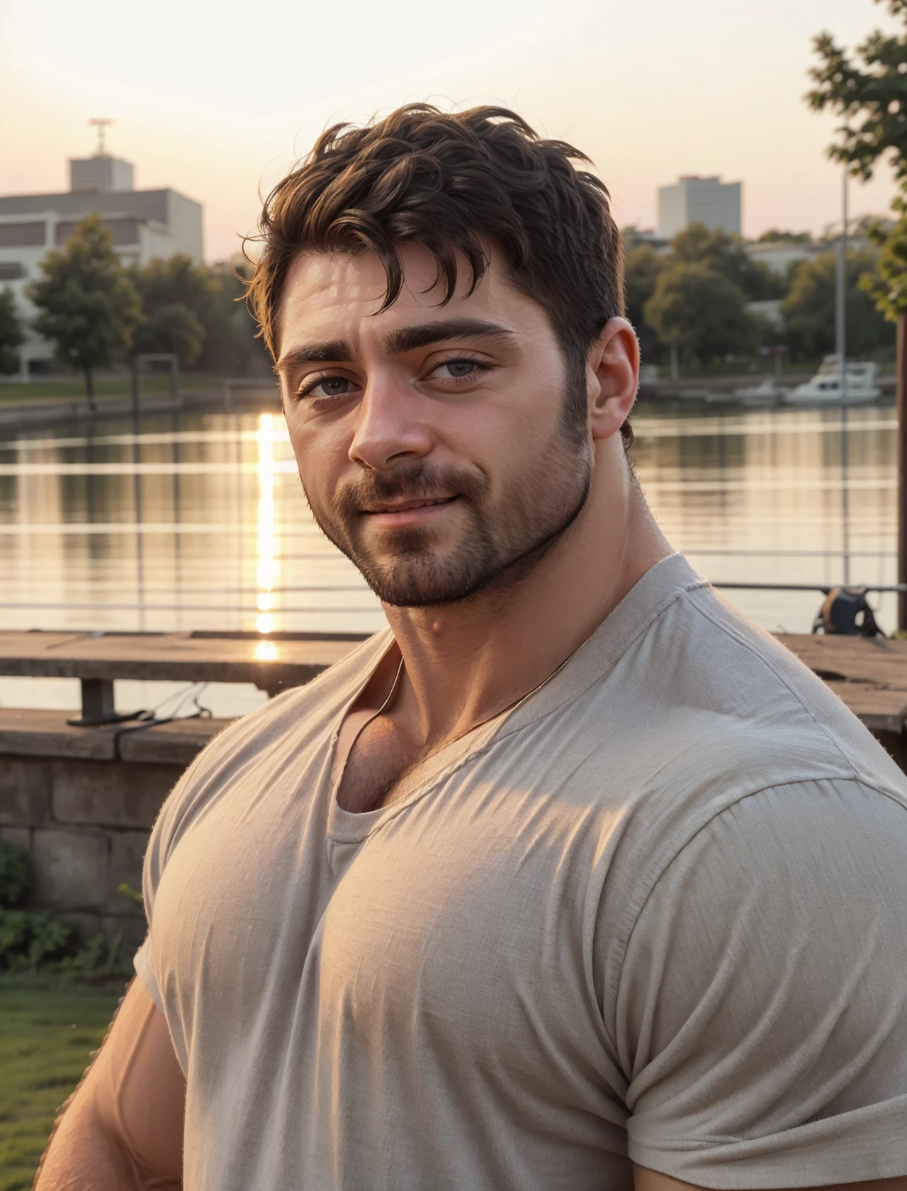 head shot, casual clothes, sunset background, soft smile, a cute sweet man, male, realistic, professional photo 4k, high resolution, high detail, highly detailed, sharp focus, exposure blend, <lora:BoltXXX_-_Derek_Bolt:0.7> boltxxx