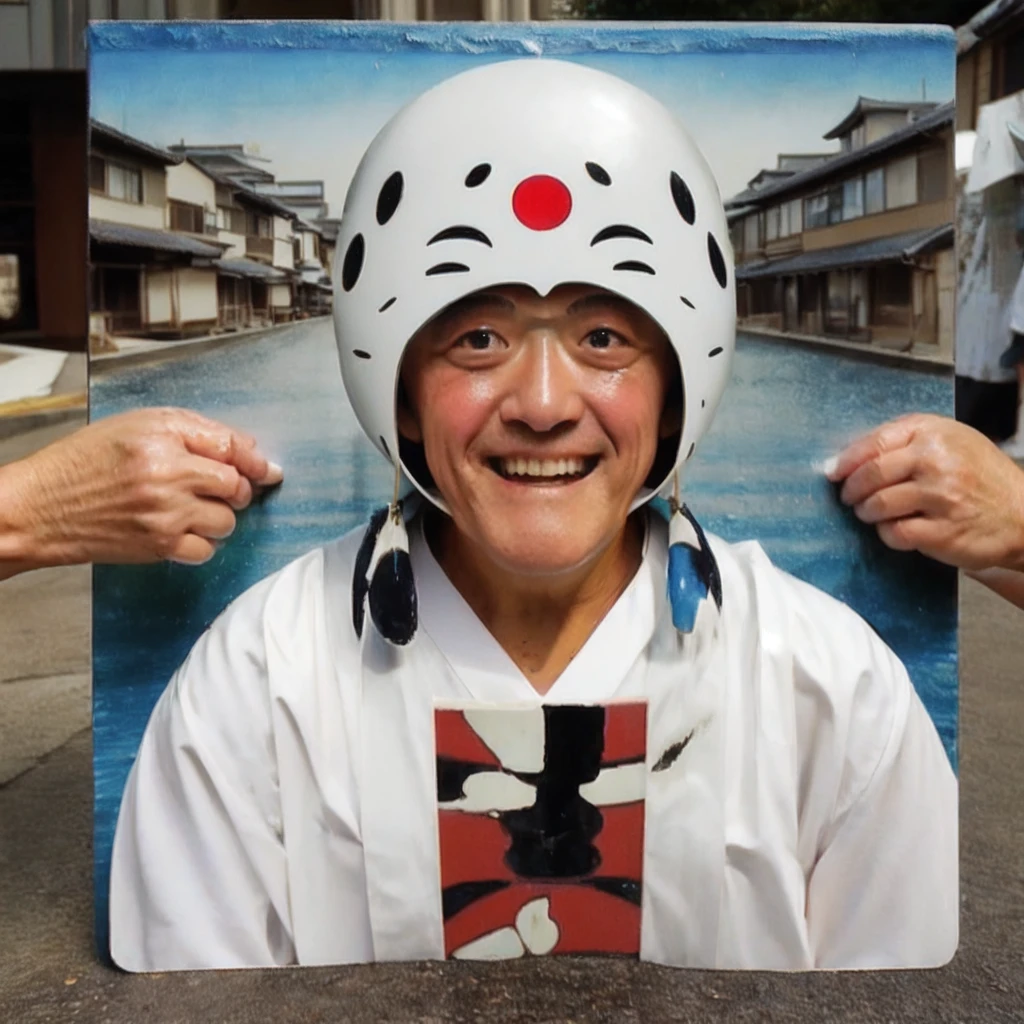 <lora:signboard_v1:0.7>, old man, solo, looking at viewer, blush, smile, short hair, open mouth, long sleeves, 1boy, upper body, flower, outdoors, teeth, solo focus, day, multiple views, traditional media, parody, sunlight, facing viewer, web address, partially submerged, city, realistic, giant, house, giantess, photo background, what, reference inset, real world location, photo inset, instagram username, face-in-hole board, board, kusazuri, kabuto (helmet), kote, samurai