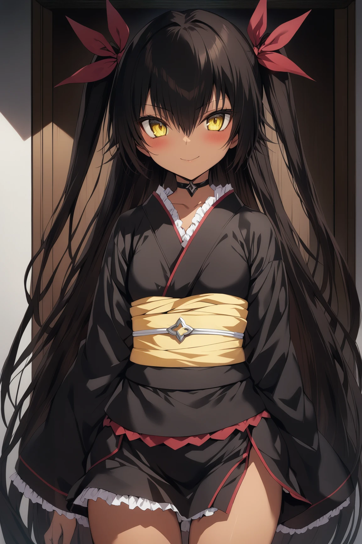 1girl, master_nemesis, to_love-ru_darkness, black_hair, very_long_hair, yellow_eyes, dark_skin, ribbon, hair_ribbon, kimono, obi, sash, cowboy_shot, highly detailed, masterpiece, best quality, anime style,