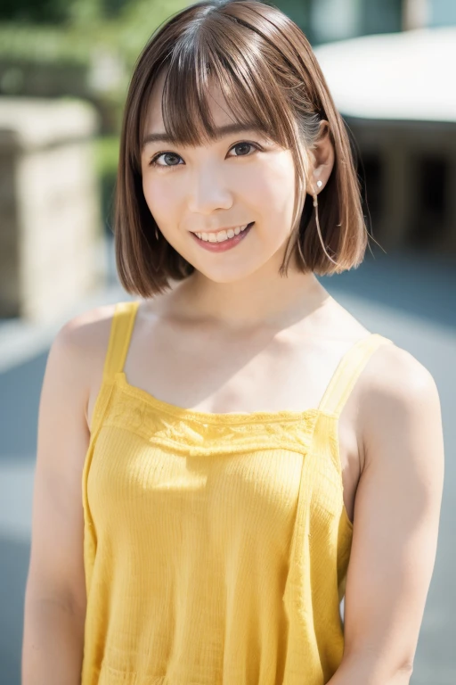 1girl, (yellow seamless camisole:1.6),(RAW photo, best quality), (realistic, photo-realistic:1.4), masterpiece, an extremely delicate and beautiful, extremely detailed, 2k wallpaper, Amazing, finely detail, extremely detailed CG unity 8k wallpaper, ultra-detailed, highres, soft light, beautiful detailed girl, extremely detailed eyes and face, beautiful detailed nose, beautiful detailed eyes,(cinematic lighting:1.4),(in the city:2.0),perfect anatomy,(slender body:1.6),(close up face:1.8),(gently smile ,friendly, warm:2.0),(looking at viewer:1.8),(japanese idol:1.8),(brown hair:2.4), (brown eyes:1.8),(posing:1.8), <lora:natsukawashiina_lora-12:0.8>