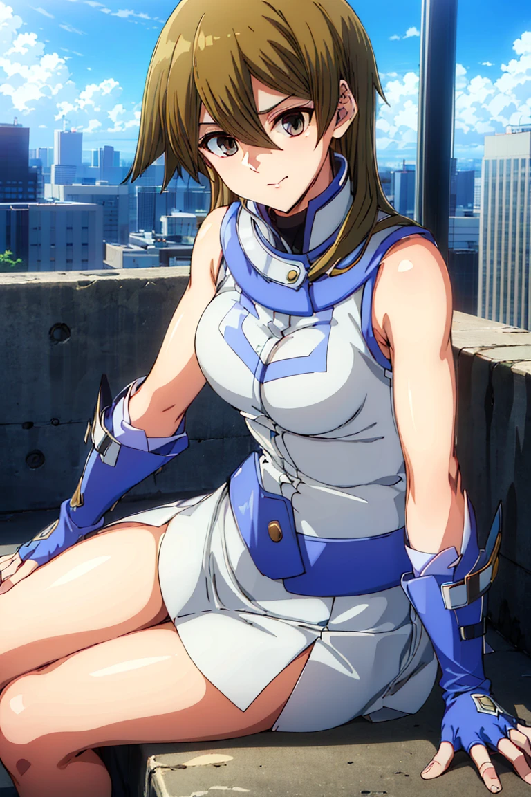 Tenjoin Asuka,1girl,solo,long hair,skirt,fingerless gloves,breasts,sleeveless,miniskirt,medium breasts,bare shoulders,dim eyes,eyes in shadow,hollow eyes,cityscape,blue sky,<lora:ææ¥é¦Â·é»åTenjoin Asuka:1>,sitting posture,, (masterpiece), (best quality), HDR, intricate detail,