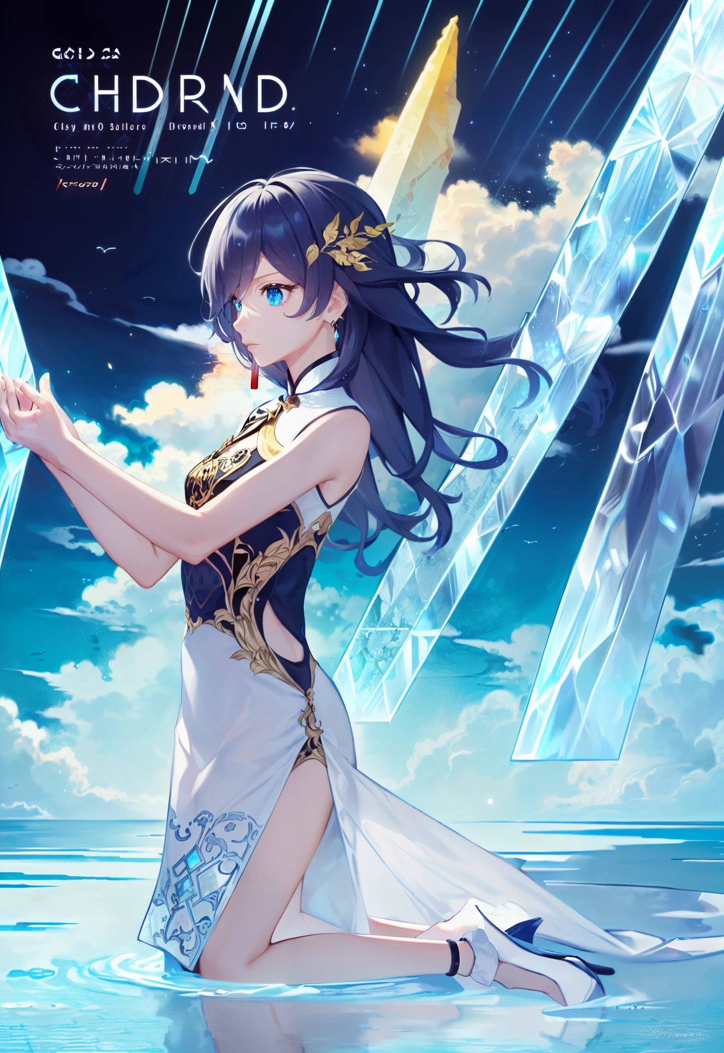 simple_white_background,golden and white theme,Sense of coordination,sense of order,mathematics beauty,(cover design),(cover art),((trim)),album_art,official art,(Master's work),full body,( closeup, 1girl,solo:1.2),
<lora:qingyan-v100-000022:0.8:lbw=OUTALL>,qingyan,1girl,fu hua,chinese clothes,blue eyes,short china dress,lhair ornament,black hair,bangs,bare hands,sleeveless,blue eyes,
cloud,sky,leaf,Cloud patterns,Chinese pattern,white geometry,colorful geometry,reflection,crystal_art,pattern_design,creative,Mystery pattern,colorful crystal decorate,blue crystal,(architectural art),((geometric art)),pattern design,creative,shine,dream,
fly in sky,swim in cloud,
------,
Low saturation,grand masterpiece,Perfect composition,film light,light art,
