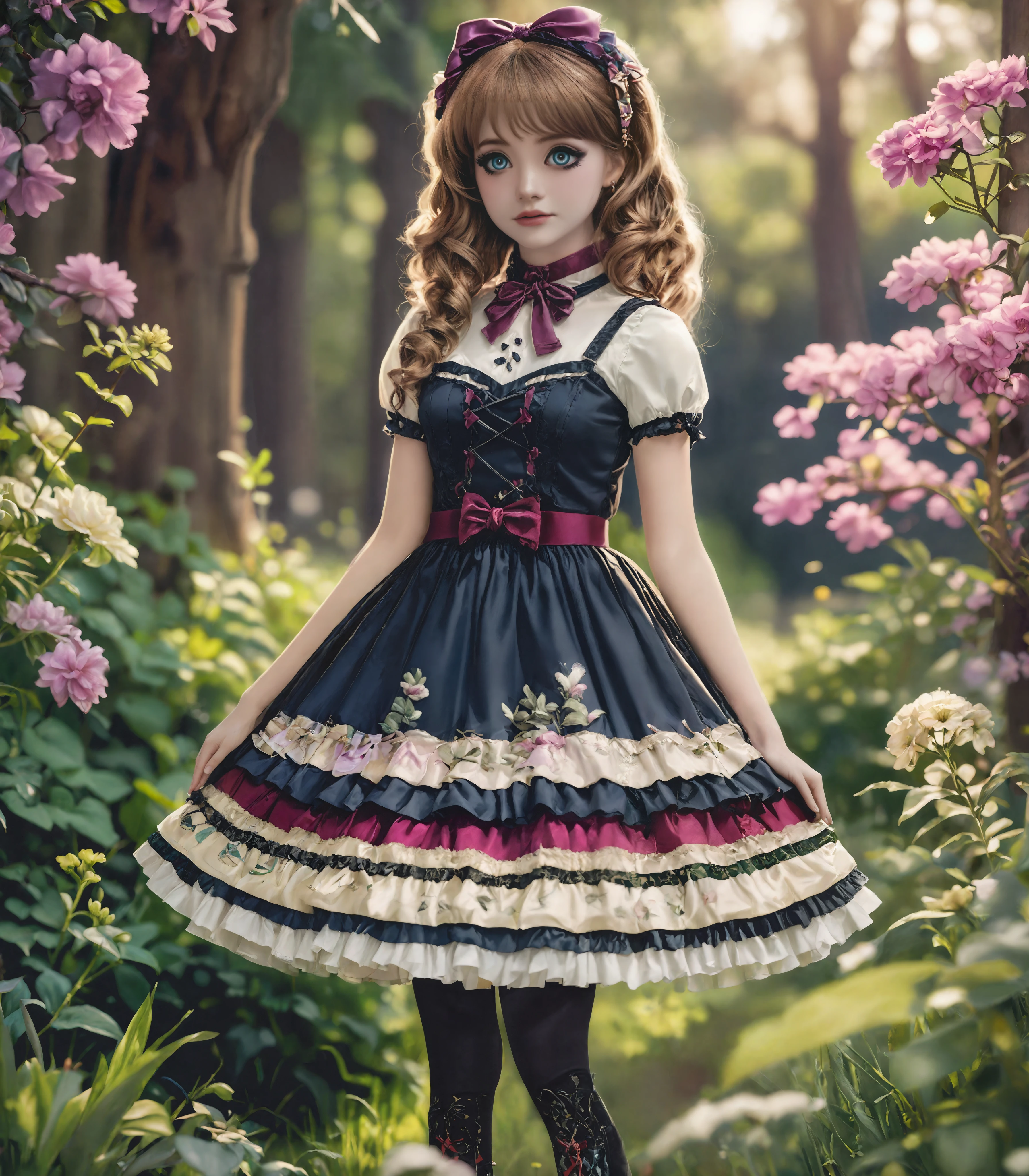 highly detailed hyperrealistic photorealistic, photograph of an (doll:1.4) with purple eyes running in a field, wearing a (dark green) swe3tjsk, (porcelain skin:1.2), black leather mary jane shoes, tights, kawaii makeup, volumetric lighting, ray tracing <lora:sweetlolitaxlv4-28-0:1.0> <lora:KawaiiMakeupXLv2:1.0>, full body shot