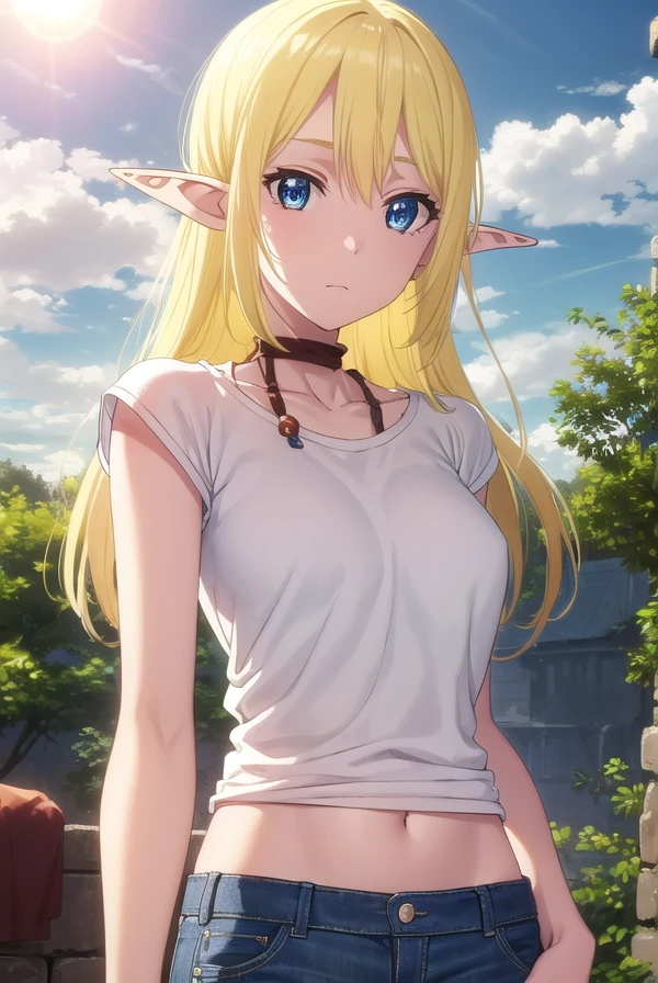 tukalunamarceau, <lora:tuka luna marceau s1s2-lora-nochekaiser:1>,
tuka luna marceau, long hair, blonde hair, pointy ears, elf, blue eyes,
BREAK jewelry, pants, necklace, denim, jeans, shirt, white shirt, short sleeves, collarbone, navel,
BREAK outdoors, forest, nature, grass, trees, sun, sky, clouds,
BREAK looking at viewer, (cowboy shot:1.5),
BREAK <lyco:GoodHands-beta2:1>, (masterpiece:1.2), best quality, high resolution, unity 8k wallpaper, (illustration:0.8), (beautiful detailed eyes:1.6), extremely detailed face, perfect lighting, extremely detailed CG, (perfect hands, perfect anatomy),