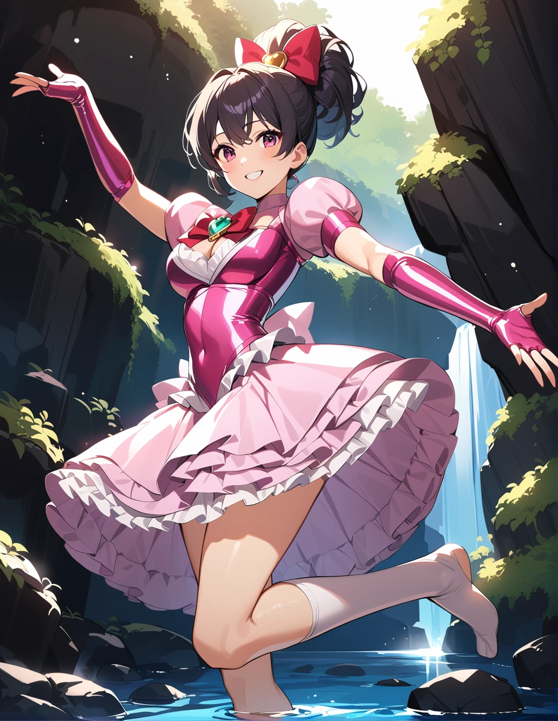 (Masterpiece, highest quality), High resolution, (illustration: 1.3), butt up,1girl, 35 years old, milf, medium breasts, black bob cut, smirk, magical pink girl outfit,fril mini skirt, armpits, Magical Girl with a Wand, in park, looking at viewer
