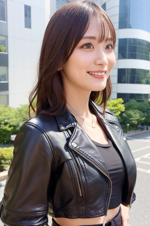 最high quality, 8k, Vibrant, Sharp focus, high quality, High resolution, Middle-aged women, Mature Woman, 55 years old, (Whole Body Ezbian), (High heels face detail, Highly detailed eyes, Plump figure、Plump face、((big 1.6))、(((Large Breasts)))、((Black leather clothing))、Busy Street、Random Hairstyles、A kind smile、(Leather Fashion、leather jacket、Leather skirt、boots、)、
