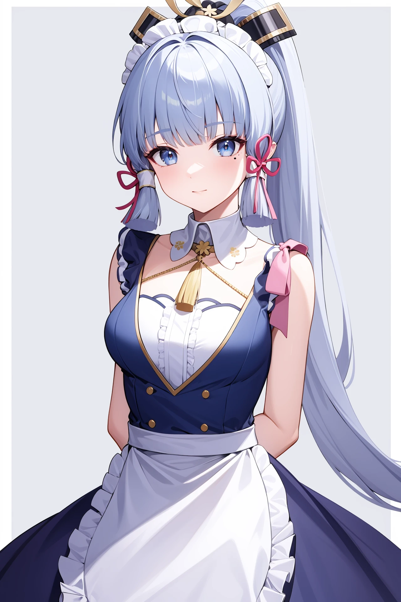<lora:ç¥éall:1:lbw=char>,kamisato ayaka,bangs,blue eyes,long hair,ponytail,ribbon,hair ornament,hair ribbon,mole under eye,maid,arms behind back,maid dress, 1girl,
, (masterpiece,best quality:1.2),absurdres