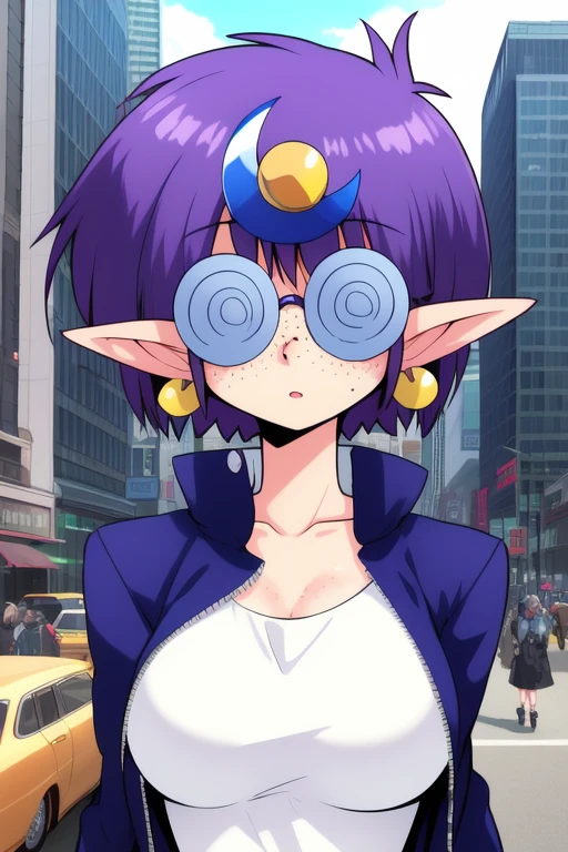 Arara Cocoa, One girl, Glasses, freckles, alone, Pointed Ears, Purple Hair,,  short hair, 丸いGlasses, , bangs, masterpiece, expensive quality, very_expensive_solve, big_file size, full color,(completely nude:1.2),pussy,niplles,(**** kid),dark skin,