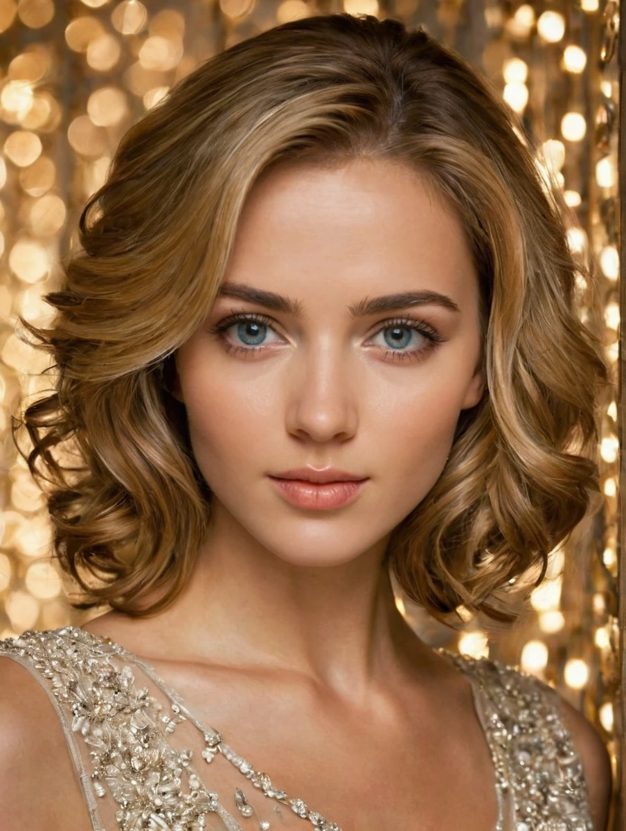 Create an ultra-realistic image of a beautiful, fictional actress. She should have a natural and elegant appearance, with distinct facial features that convey a sense of grace and poise. Her expression should be captivating, perhaps with a subtle smile or a thoughtful gaze, hinting at depth and character. The focus should be on achieving high levels of detail in her features, such as the texture of her skin, the shine in her hair, and the clarity in her eyes. The lighting should be soft and flattering, enhancing her natural beauty. The background should be simple yet classy, ensuring that the actress remains the central focus of the image. This portrait should evoke a sense of Hollywood glamour mixed with a relatable, down-to-earth charm