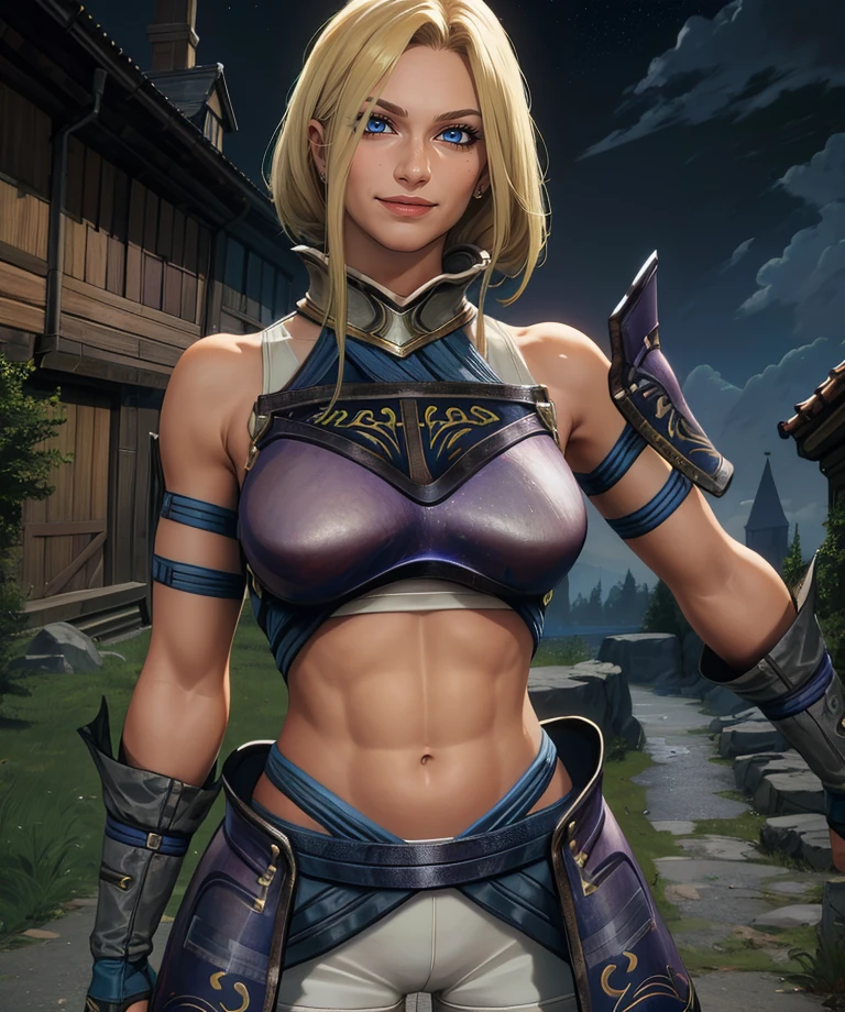 Roeas,blonde hair,long bang,blue eyes,
armor,single shoulder pad,gauntlets,midriff,white shorts,
standing,upper body,smile,
fantasy,medieval,night,barracks,
(insanely detailed, beautiful detailed face, masterpiece, best quality),<lora:Roeas:0.8>,