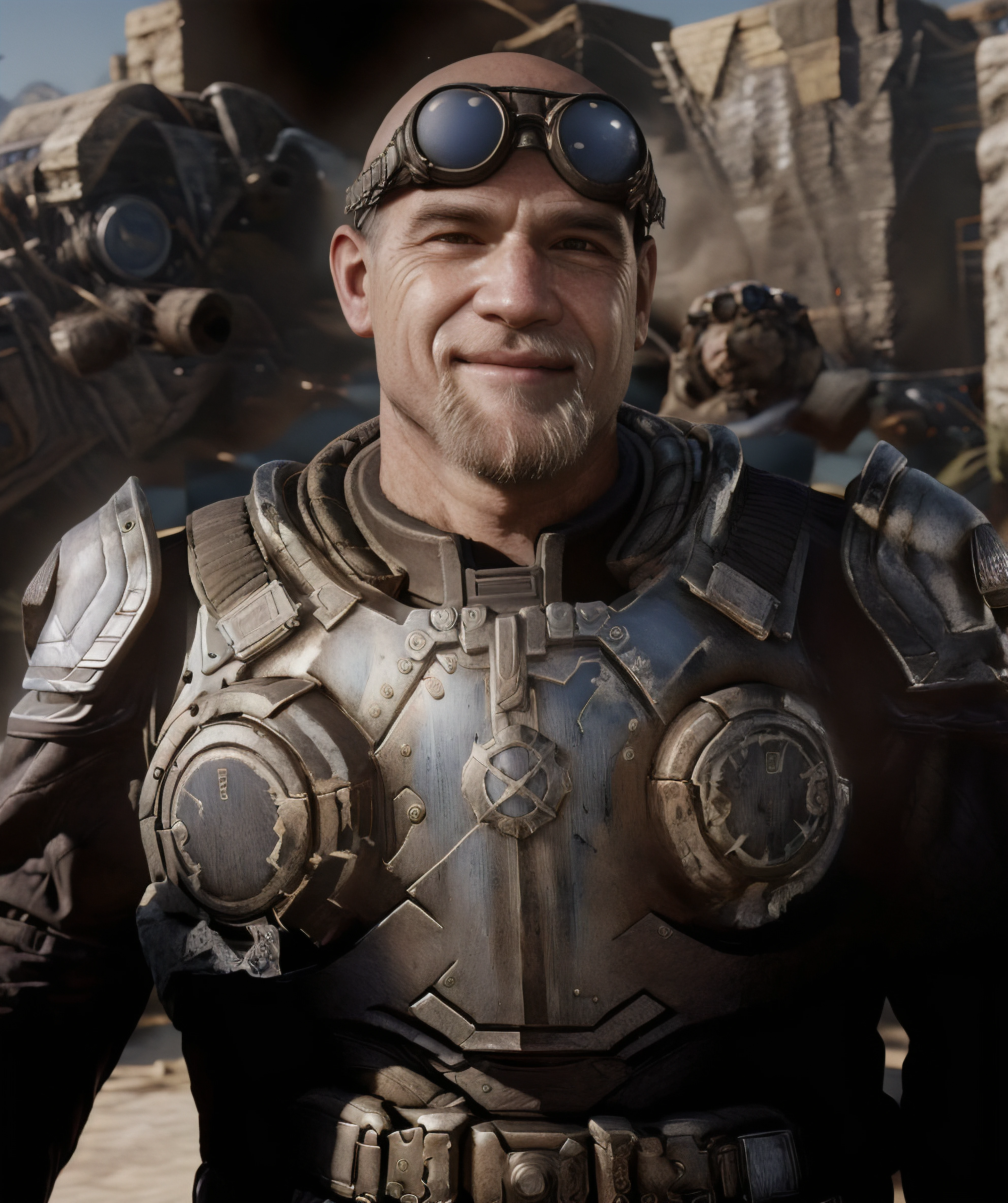 old_damon_baird, bald, goggles, old, wrinkle, white beard, armor, hands in pocket, smiles <lora:Old_Damon_Baird:0.85>