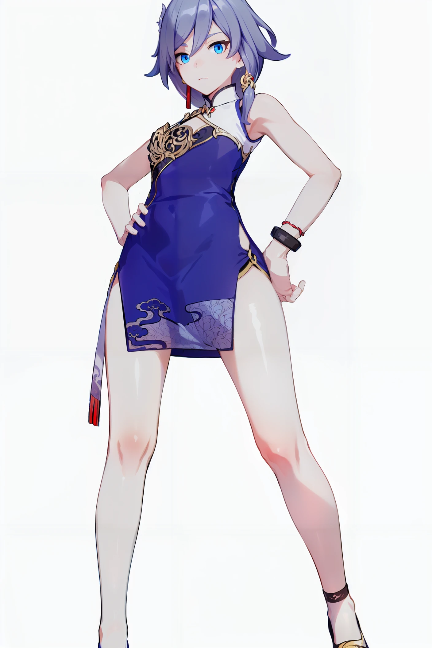 (Masterpiece, best quality: 1.2) , shot, solo, 1girl, tenten, smile, looking at viewer, hands on hips, open brown hair, forehead protector, chinese clothing, white china dress, sleeveless, fishnets, fishnet thigh highs, anime, naruto