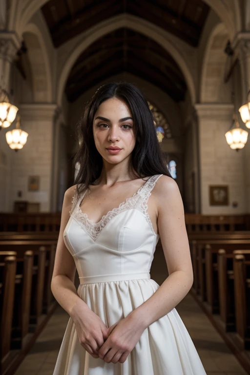 Fashion long runway satin ivory dress in a heavenly Oxford library worn by a south asian girl. There are pearls on the bust of the dress. The girl has flowers and pearl in her hair.