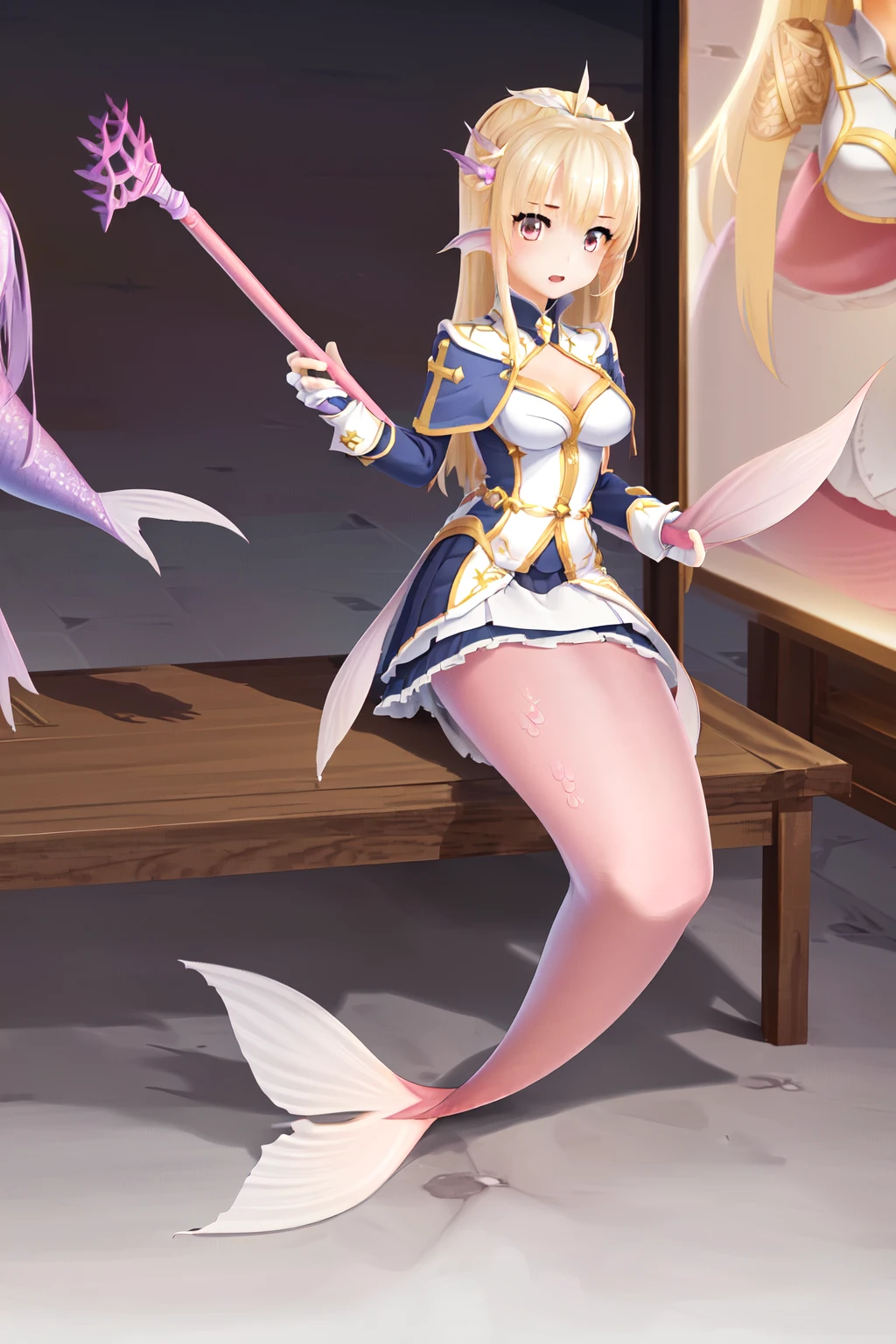 ((Masterpiece, best quality, illustration, high resolution, hyper detail, finely detailed, ultra-detailed),
8k, Wallpaper, grand, an extremely delicate and beautiful, anime, pixiv, colorful, distinct, bishoujo, sharp,
detailed cute anime face, perfect face, perfect eyes:1.2),
perfect five fingers, best ratio four finger and one thumb, intricate details
BREAK
<lora:LoCon_lamia_mermaid_bt04_ep008_12112_768_dim064_a032_con032_a008_LR00100_snr05_noise00_del:1>,
mermaid, monster girl, 1girl, solo, full body,
<lora:[riddle_joker]å¨åä¸æµ·_1.0:0.7>,Arihara_nanami,red_eyes,long_blonde_hair,bangs,
<lora:rom_saint-10:0.7>,Rom_saint,angel_wings,white_dress,blue_edgings,holding_staff,skirt