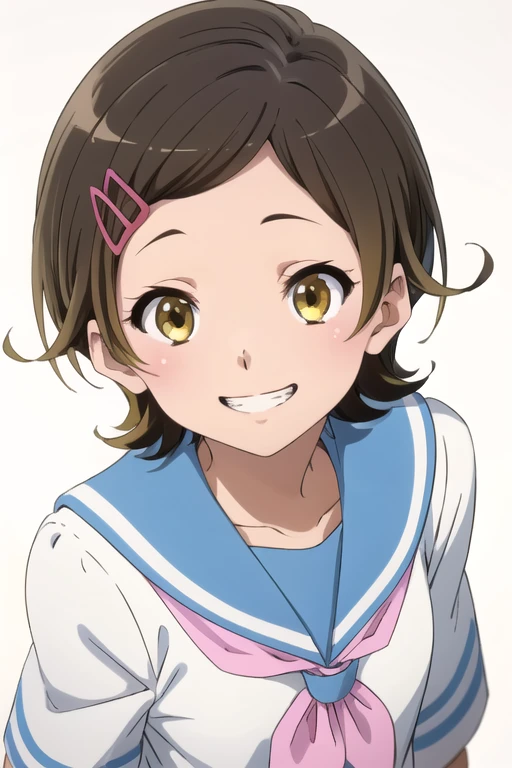 solo, 1girl, looking at viewer, sketch, flat colors, 2D, anime, anime coloring, upper body, (solid white background:1.3), <lora:hazuki-hibikeeuph:0.8>, hazuki katou, kitauji high school uniform, serafuku, blue sailor collar, pink neckerchief, looking at viewer, smile, grin