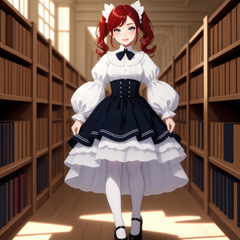 full body shot of a cute girl standing in a library, red hair, pigtails, blue eyes, blue Elizabethan dress with white vertical stripes, high neck collar, puffy sleeves, red and white striped stockings, shiny white shoes, smug smile, freckles, blue ribbons in her hair