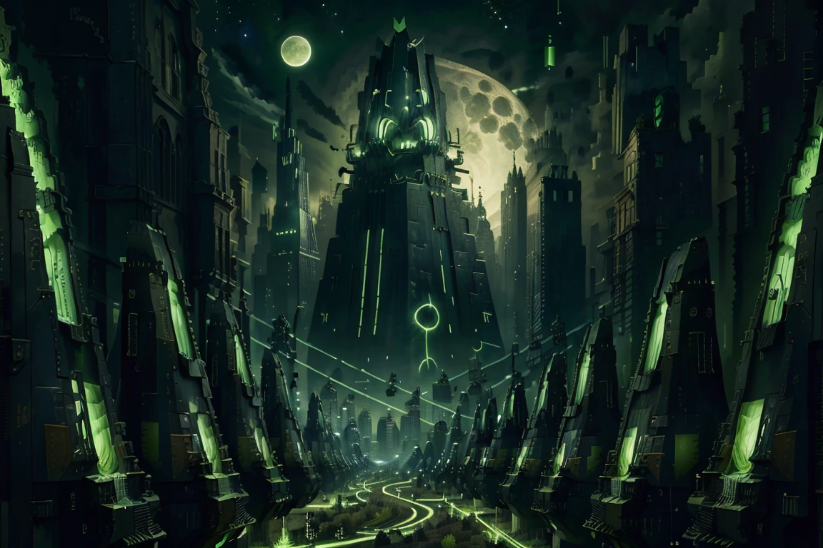 ((masterpiece,best quality)),
<lora:Necron_Architecture:0.7>,
Necron_Architecture, (city, buildings with windows :1.2),
electricity, green glow, green theme, green moon, starry sky, space,