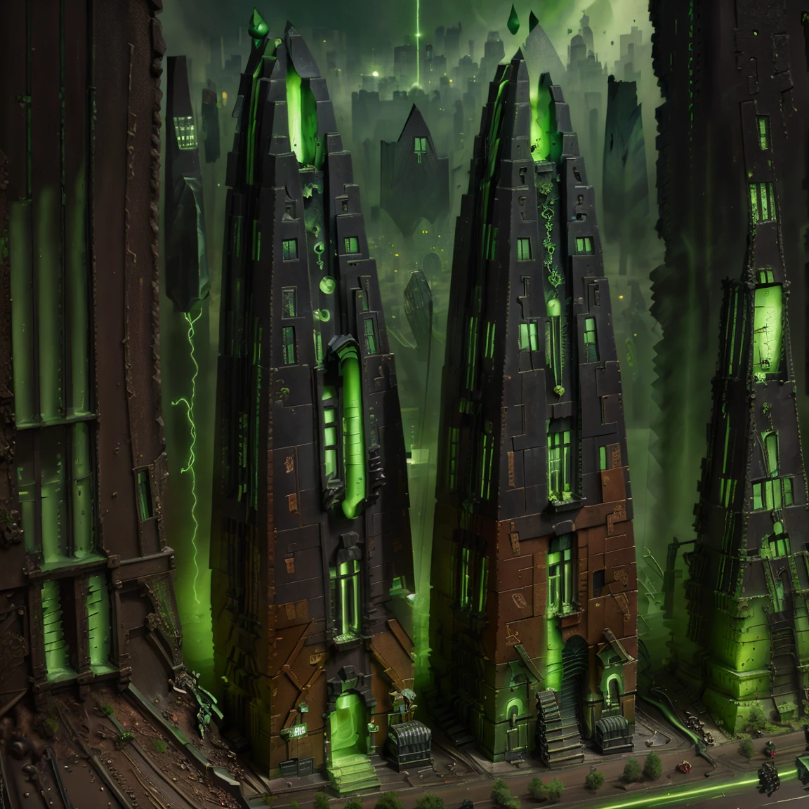 ((masterpiece,best quality)),
<lora:Necron_Architecture:0.8>,
Necron_Architecture, (city, buildings with windows :1.2),
electricity, green glow, green theme,