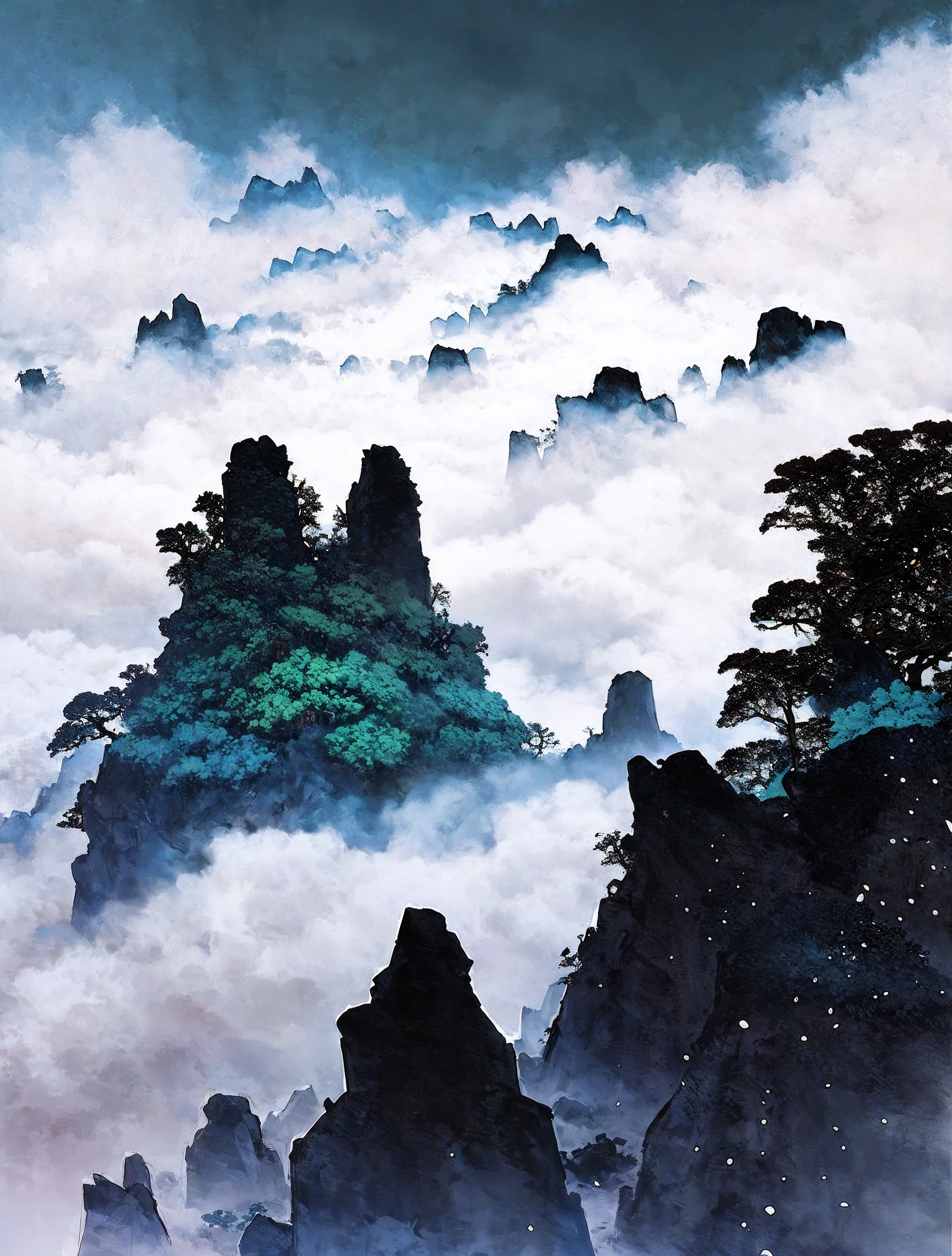 masterpiece,best quality,Washpainting,Ink wash painting,chinese zen,zen,<lora:WashPainting_v1.0:0.5>,minimalism,Micro landscape,Chinese three-dimensional landscape painting,Zen aesthetics,Zen composition,Chinese architectural complex,blue copper mine,peacock green,flowing particles,macro lens,rich light,shining mountains,high mountains,shrouded in clouds and mist,minimalism,ultimate details,unparalleled details,movie special effects,realism,3D rendering,fine details,