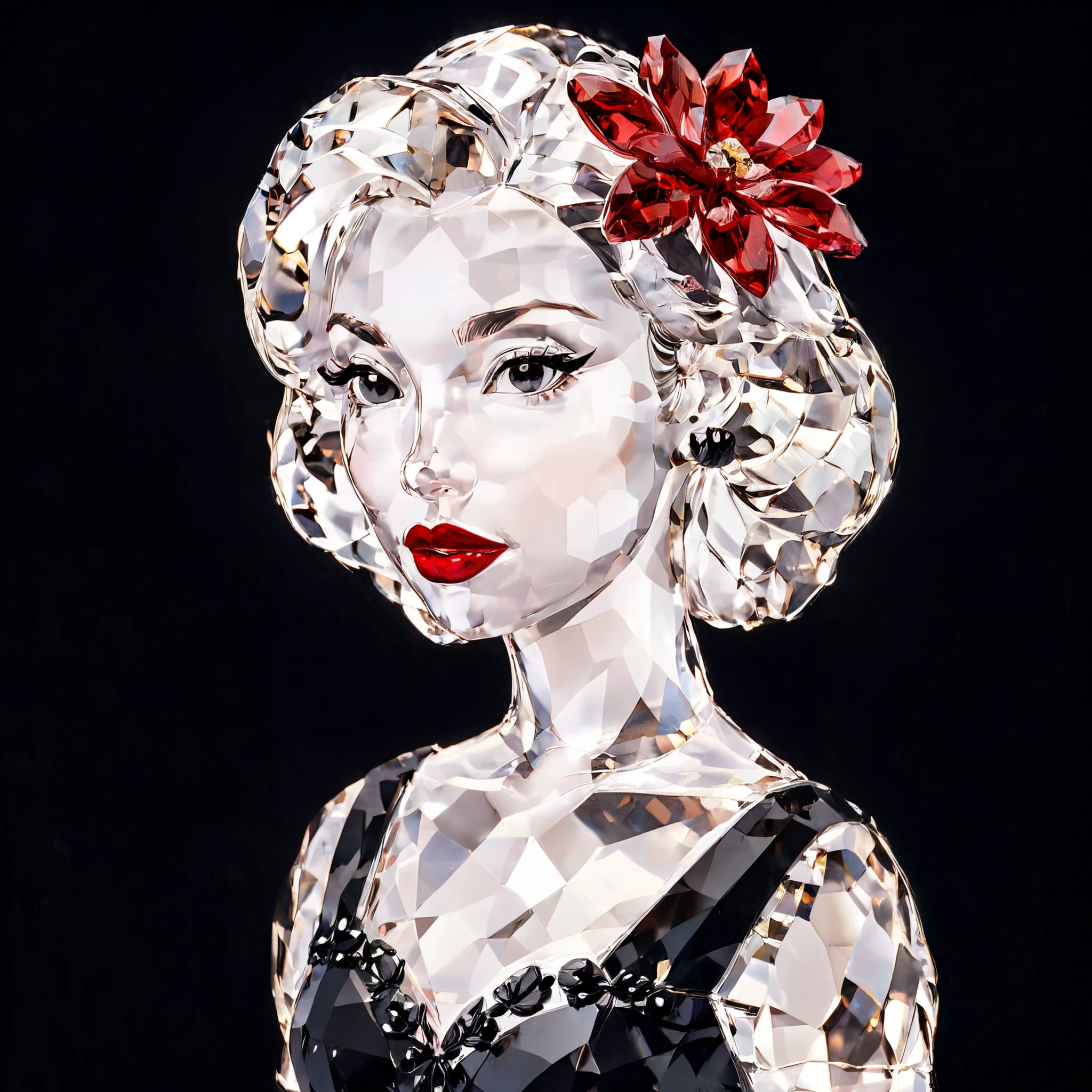 portrait of a beautiful pamcrystal woman,looking over shoulder, red lips,black floral background,realistic,highly detailed,realistic,lifelike,studio photo,highly detailed,cinematic,masterpiece,intricate,