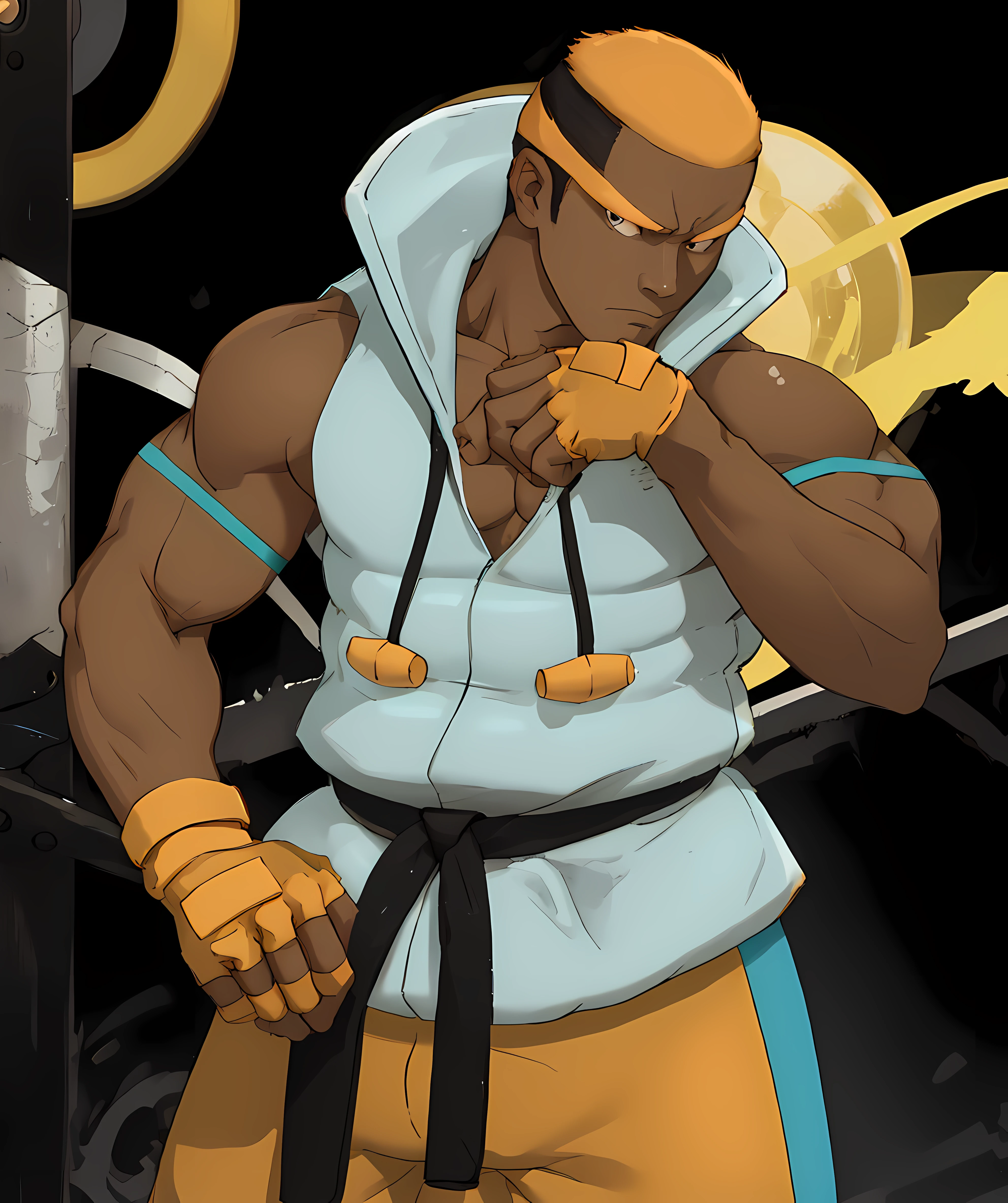 marshal_pokemon, orange eyebrows, orange short hair, orange tracktrackpants, sleeveless teal jacket, fingerless orange gloves, dark skin, gym, dojo, muscular, standing, looking at viewer, black belt, male focus <lora:Marshal-15:0.85>