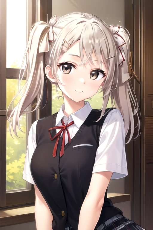 ((masterpiece)),(best quality),official art,extremely detailed CG,unity 8k wallpaper,ultra detailed,beautiful detailed eyes,extremely detailed face,1girl,solo,upper body,(portrait:1.5),looking at viewer,facing viewer,Momozono Hozumi(unoneno),smile,long hair,blonde hair,twintails,hair ornament,hairclip,hair ribbon,bangs,brown eyes,school uniform,short sleeves,black vest,collared shirt,neck ribbon,red ribbon,white shirt,large breasts,miniskirt,frilled skirt,black skirt,plaid skirt,white socks,loafers,<lora:Momozono Hozumi(unoneno):0.9>,