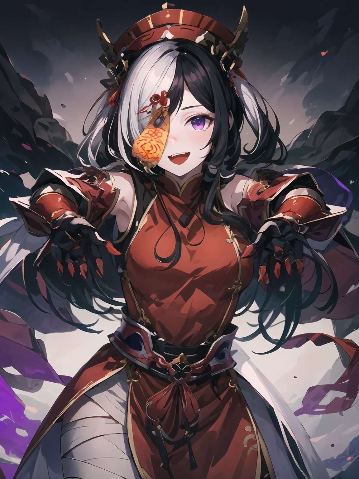 masterpiece,best quality,highres,cinematic lighting,dramatic angle,1girl,black hair,white hair,two-tone hair,<lora:ShadowverseFightingJiangshiV14:0.8:lbw=jiangshi3> ,twintails,hat,qing guanmao,hair ornament,ofuda,ofuda over one eye,one eye covered with ofuda,purple eyes,jewelry,red chinese clothes,bandaged arms,gauntlets,outstretched arms,bare shoulders,looking at viewer,:d,fangs,upper body,jiangshi pose,straight-on,head tilt,paw pose,claws,black background,purple flames,<lora:flat2:-0.5>
