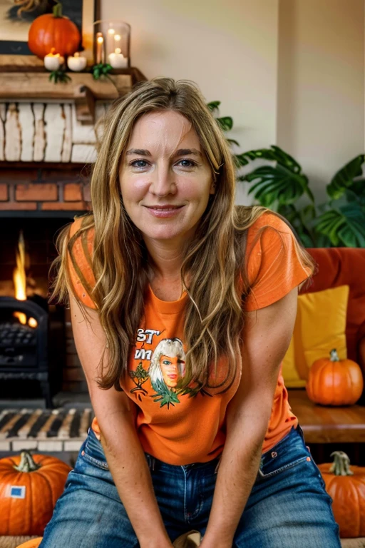 <lora:VC:1.0> masterpiece, best quality, detailed face, 1girl, realistic, solo, a 40 year old, mature,  v1873c, long_hair, blonde_hair, with a Pumpkin Spice Orange t-shirt, jeans posing for a picture , jungle