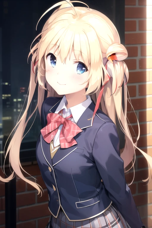 ((masterpiece)),(best quality),official art,extremely detailed CG,unity 8k wallpaper,ultra detailed,beautiful detailed eyes,extremely detailed face,1girl,solo,upper body,(portrait:1.5),looking at viewer,facing viewer,smile,Komari Yui,blonde hair,very long hair,double bun,hair flower,hair ornament,sidelocks,bangs,blue eyes,school uniform,blazer,blue jacket,taut jacket,long sleeves,wing collar,red bow,bowtie,collared shirt,small breasts,blue skirt,plaid skirt,pleated skirt,white pantyhose,loafers,<lora:Komari Yui(ksak)-remake>,