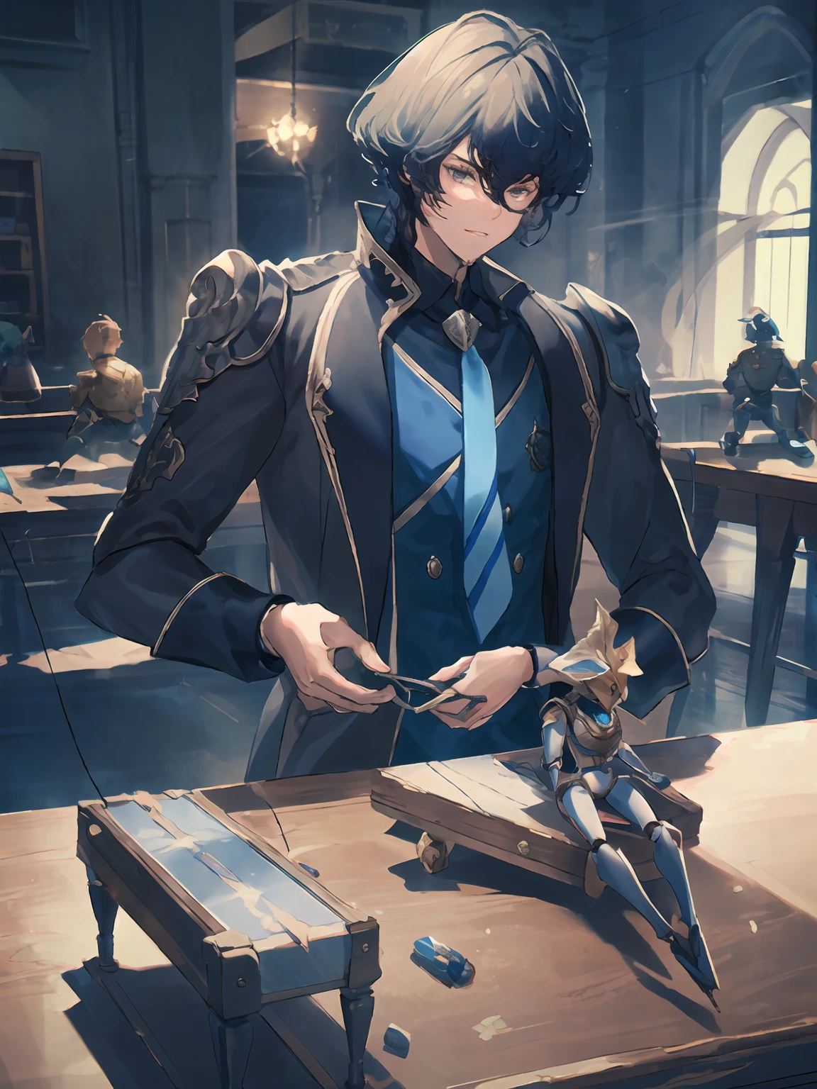 masterpiece,best quality,highres,cinematic lighting,dramatic angle,<lora:ShadowverseLyelthV3-000030:0.8>,1boy,black suit,blue shirt,necktie,black hair,black eyes,armor,looking at viewer,workshop,adjusting dolls on table,marinoette on table,doll on table,toy on table,parts,string,sitting,desk,holding carpentry tools,across table,portrait,close-up,glowing,marionette with white hair and mask