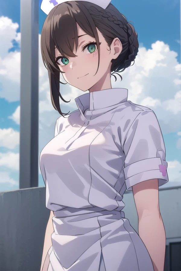 vlilaf, <lora:v lila f hnu-lora-nochekaiser:1>,
v lila f, brown hair, black hair, (green eyes:1.3), braid, sidelocks, hair bun, makeup, facial mark, single hair bun, hair between eyes, smile,
BREAK hat, nurse cap, nurse, short sleeves,
BREAK outdoors, city, sun, clouds,
BREAK looking at viewer, (cowboy shot:1.5),
BREAK <lyco:GoodHands-beta2:1>, (masterpiece:1.2), best quality, high resolution, unity 8k wallpaper, (illustration:0.8), (beautiful detailed eyes:1.6), extremely detailed face, perfect lighting, extremely detailed CG, (perfect hands, perfect anatomy),