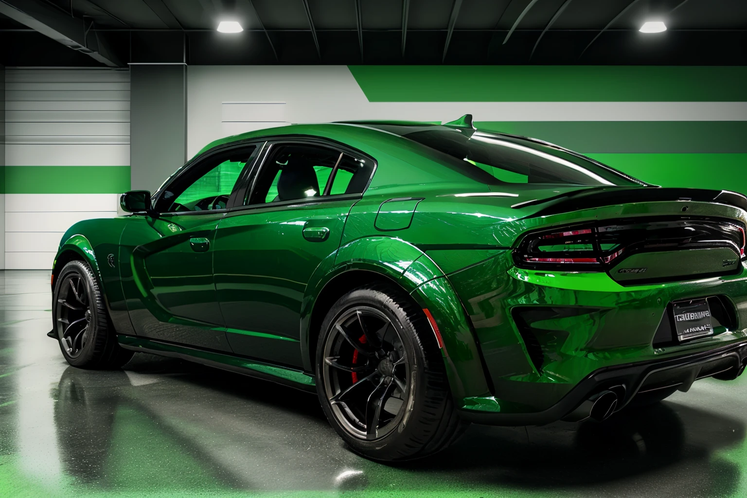green chargerhellcatsrt, car, green paint, in showroom, shiny, 
 <lora:ChargerHellcatSRT:0.8>