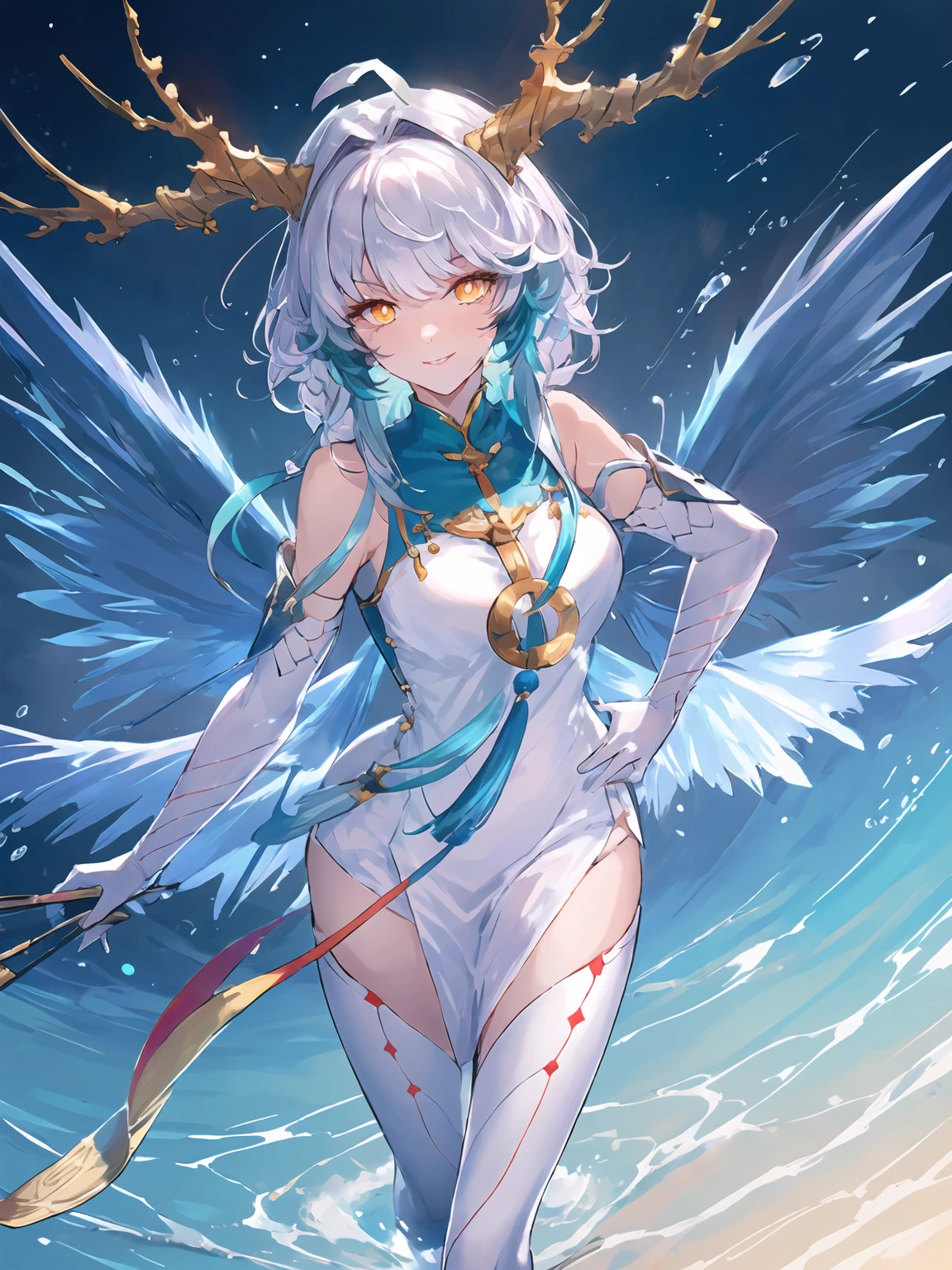 masterpiece,best quality,highres,cinematic lighting,dramatic angle,1girl,horns,white hair,gradient hair,braids,yellow eyes,symbol-shaped pupils, glowing eyes,white dress,bare shoulders,<lora:ShadowverseSilongDividedV11-000030:0.8:lbw=forte>,elbow gloves,thighhighs,scales,tassel,jewelry,evil smile,shaded face,wings,tail,water,(fan,right hand holding opened fan,shanzi:1.2),parted lips,left hand on own hip,walking,from above,right hand on own cheek