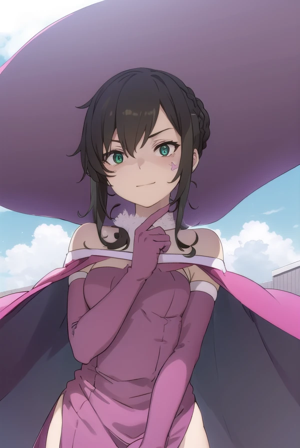 vlilaf, <lora:v lila f hnu-lora-nochekaiser:1>,
v lila f, brown hair, black hair, (green eyes:1.3), braid, sidelocks, hair bun, makeup, facial mark, single hair bun, hair between eyes, smile,
BREAK gloves, hat, dress, bare shoulders, elbow gloves, cape, witch hat, pink dress, witch,
BREAK outdoors, city, sun, clouds,
BREAK looking at viewer, (cowboy shot:1.5),
BREAK <lyco:GoodHands-beta2:1>, (masterpiece:1.2), best quality, high resolution, unity 8k wallpaper, (illustration:0.8), (beautiful detailed eyes:1.6), extremely detailed face, perfect lighting, extremely detailed CG, (perfect hands, perfect anatomy),