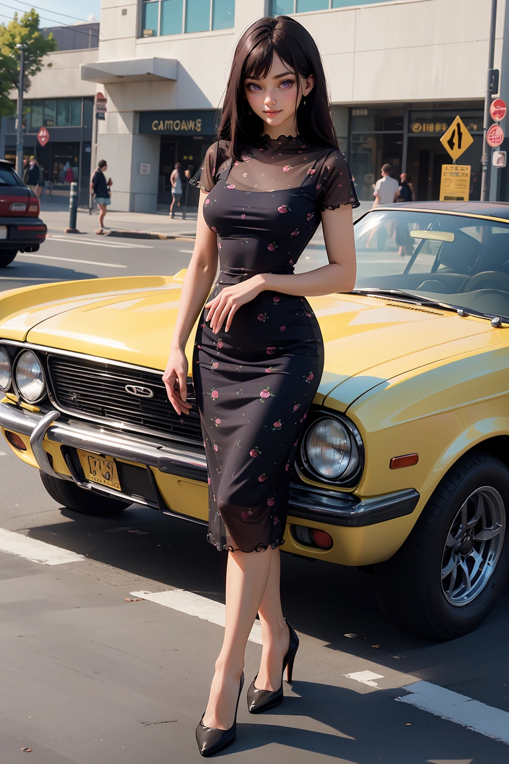 1girl,  purple eyes,  long hair,  purple hair,  braided_hair,  bangs,  beautiful woman,  perfect body,  perfect breasts,  Bzpeony,  peony print,  dress,  black dress,  short dress,  high heels,  on the streets,  motor_vehicle,  cars,  roadside,  standing,  (legs crossed),  (full body),  holding a black handbag,  depth of field,  cowboy_shot,  pov,  innocent girl,  gentle smile,  looking at the audience,  masterpiece,  super detailed,  high detail,  high quality,  best quality,  1080p,  16k