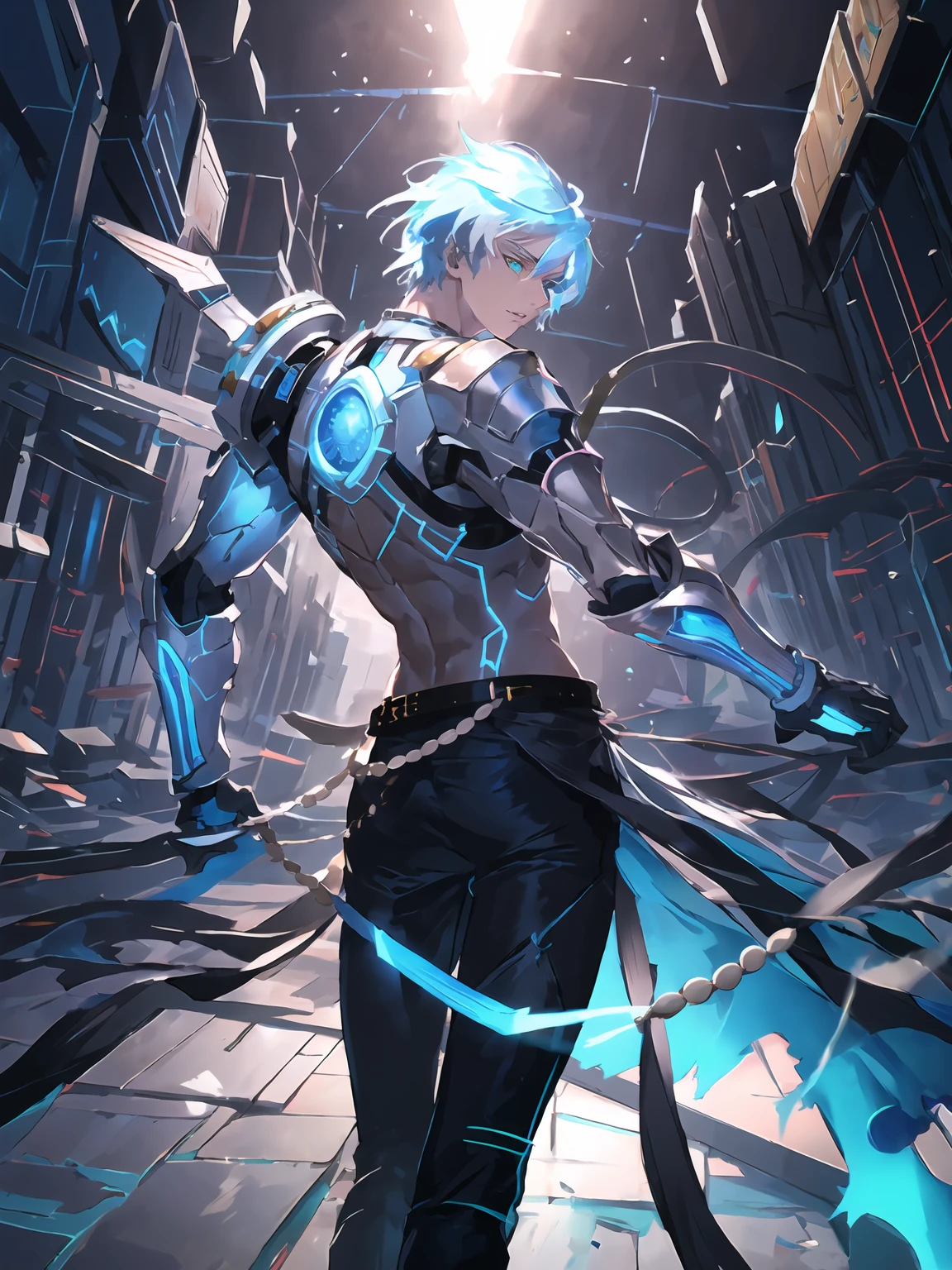 masterpiece,best quality,highres,cinematic lighting,dramatic angle,1boy,mature male,<lora:ShadowverseKarulaV2:0.9:lbw=jiangshi3>,light blue hair,heterochromia, muscular,topless,armor,black pants,mechanical arms,bandages,ribbon,clothing cutout,beads,asymmetrical arms,from behind,turning head,looking back at viewer,parted lips,hands down