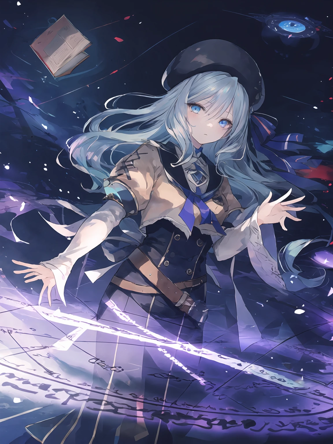 masterpiece,best quality,highres,cinematic lighting,dramatic angle,1girl,<lora:ShadowverseAmaryllisV1:0.8>,light blue hair,blue eyes, brown shirt,black and purple dress,white sleeves,ribbon,hat,looking at viewer,bow,belt,sailor collar,holding book,outstretched hand, spread fingers,casting spell,dark magic,sad,expressionless,shaded face,glowing eyes,magic circle,aura,runes