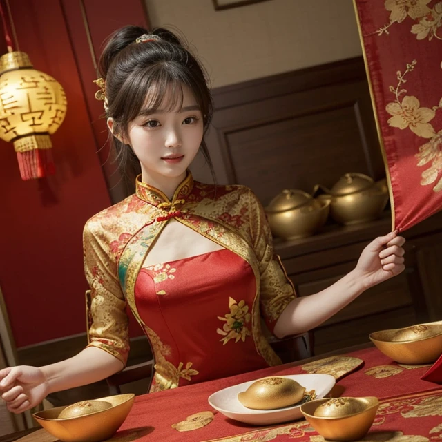 The living room is decorated with Chinese New Year decorations,  and there are several Jin yuanbao on the table. A girl is sitting at the table wearing a cheongsam., Jin yuanbao,<lora:EMS-273837-EMS:0.800000>