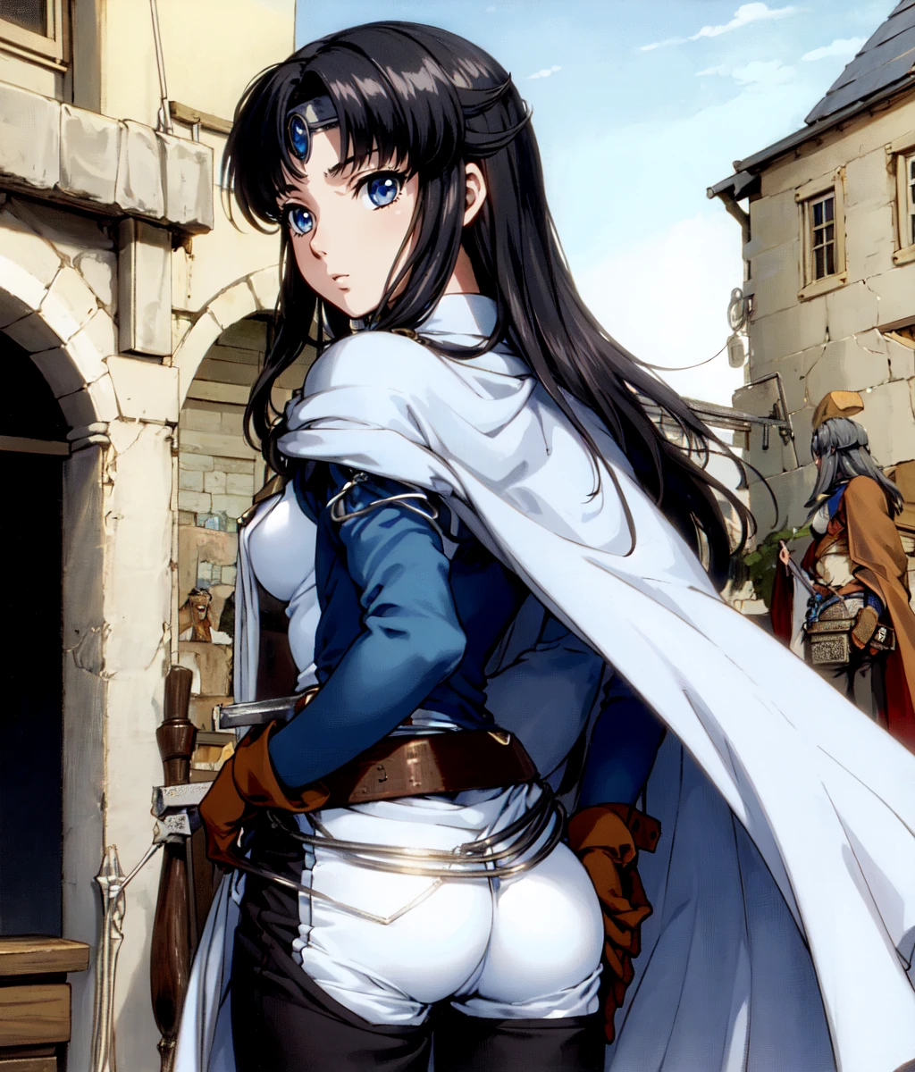 Anime screencap, masterpiece, best quality, detailed face, detailed eyes, 1girl, solo, long hair, black hair, blue eyes, silver eyes, circlet, blue vest, pants, cape, medium breasts, closeup, outdoors, ((medieval market)), shopping, ((seen from behind)) <lora:Lorelai:0.9>