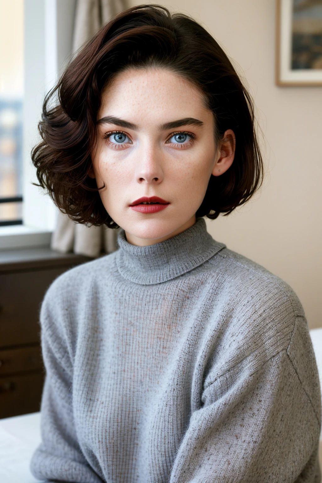 best quality, 8k RAW photo, (film grain:1.5),<lora:Donna:1> donna, lipstick, parted lips, short hair, detailed hair, detailed face, turtleneck sweater, [grey:blue:.75] eyes, looking looking at viewer, analog