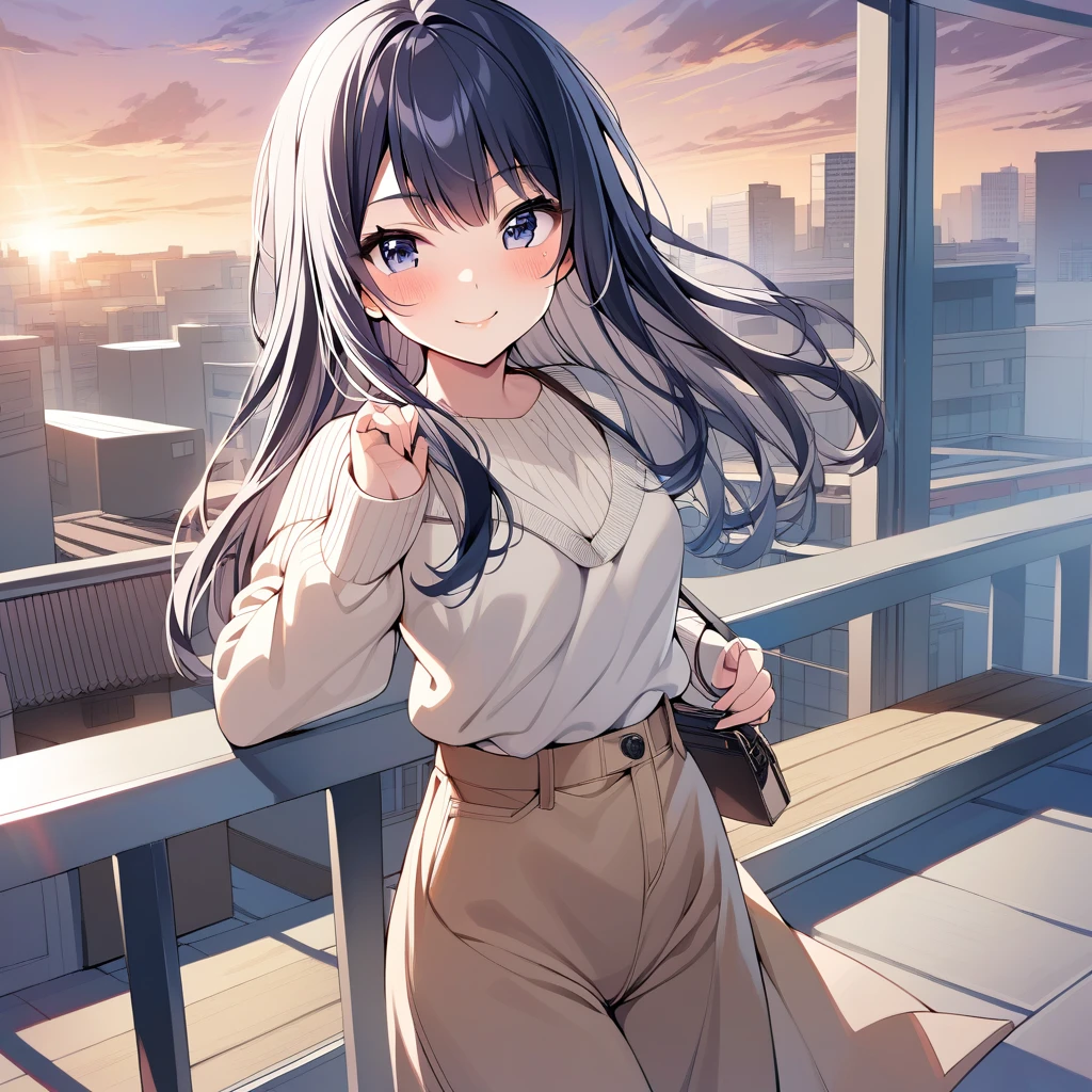 [high quality, best quality], 1girl, solo, nagase kotono <lora:ktn_xl-000021:0.48>, casual, looking at viewer, smile, blush, rooftop, sunset