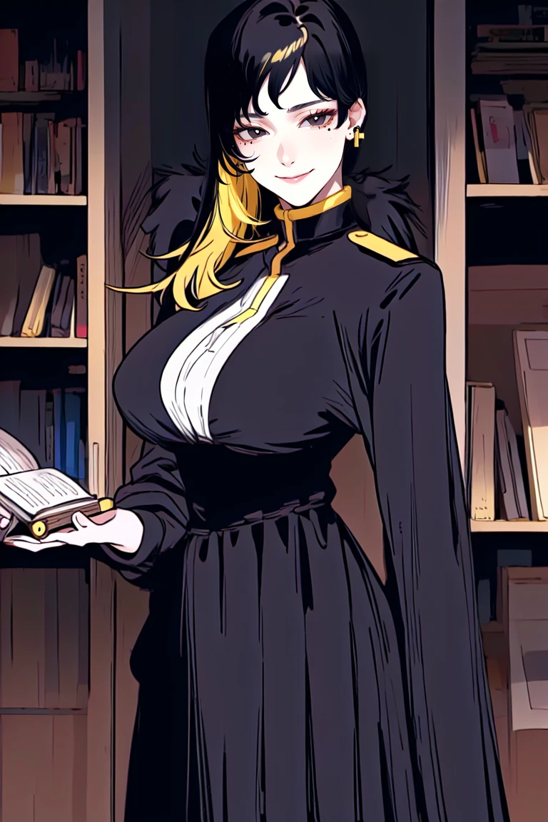 arbiter,  smile,  closed mouth,  1girl,  solo,  mole under eye,  black hair,  earrings,  jewelry,  long hair,  dress,  looking at viewer,  indoors,  library,  multicolored hair,  breasts,  black eyes,  blonde hair,  black dress,  simple background,  long sleeves,  bangs,  large breasts,  fur trim,  cowboy shot,  two-tone hair,  spot color, 
 masterpiece,  award winning,  dress,  looking at viewer,  1girl,  best quality,  reflective skin,  reflective hair,  highres,  best quality,  solo,  fujimotostyle,<lora:EMS-250146-EMS:1.000000>,<lora:EMS-263984-EMS:1.000000>