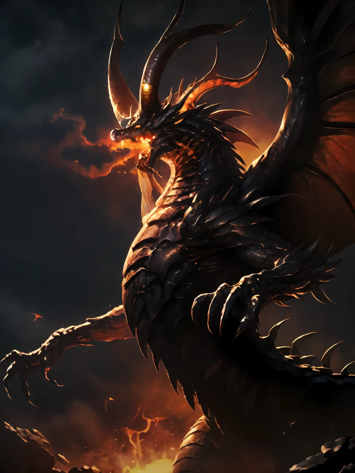 masterpiece,best quality,highres,cinematic lighting,dramatic angle,no humans,dragon,<lora:BahamutV1:0.8> ,horns,monster,flames,open mouth,dark clouds,looking at viewer,straight-on,glowing eyes,wings,claws,scales,darkness,dark,black clouds,dark sky,molten rock,hypnosis,