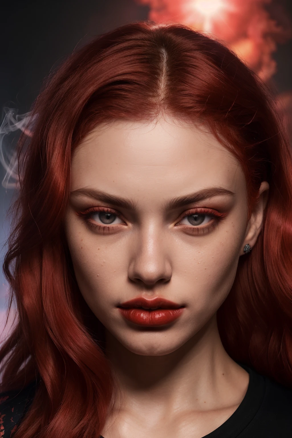 arafed woman with red hair and piercings posing for a picture, red head, redhead girl, dramatic portrait, redhead woman, glowing crimson head, dramatic intense lighting, red hair girl, messy square vibrant red hair, expressive beautiful portrait, stunning portrait, inspired by Darek Zabrocki, she is redhead, cgsociety portrait, fire hair