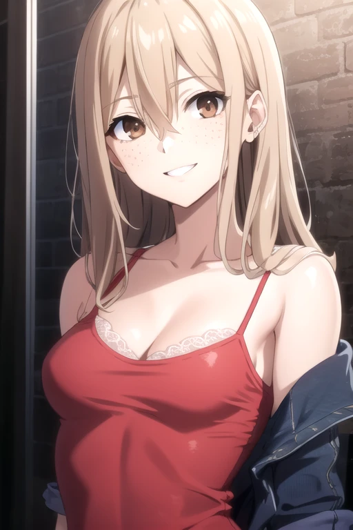 ((masterpiece)),(best quality),official art,extremely detailed CG,unity 8k wallpaper,ultra detailed,beautiful detailed eyes,extremely detailed face,anime coloring,1girl,solo,upper body,(portrait:1.5),looking at viewer,facing viewer,aoki clair,smile,brown hair,long hair,bangs,sidelocks,brown eyes,hair between eyes,freckles,red camisole,cleavage,medium breasts,denim shorts,short shorts,shorts rolled up,bare legs,purple sneakers,<lora:Aoki Clair(gleipnir)>,