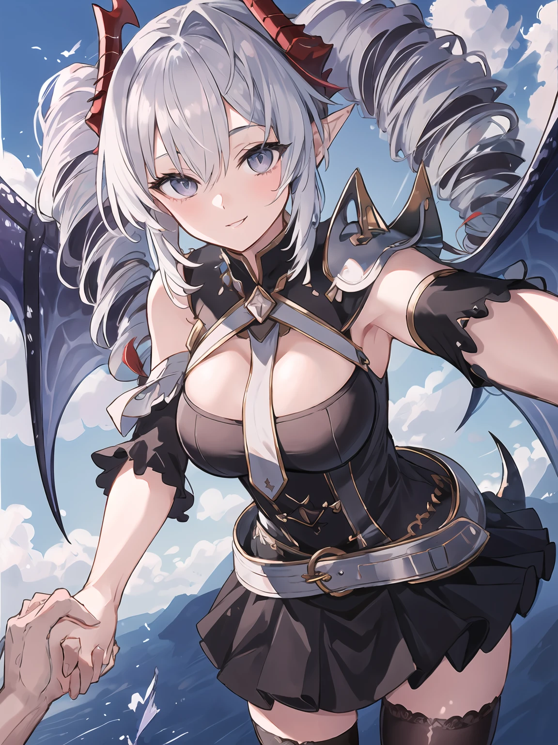 masterpiece,best quality,highres,cinematic lighting,dramatic angle,1girl,<lora:ShadowverseArgenteV3:0.8:lbw=jiangshi3>,silver hair,twin drills,horns,colored inner hair, looking at viewer,grey eyes,black dress,single pauldron,single bare shoulder,scales,spikes,belt,cleavage,miniskirt,black thighhighs,smile,necktie,(single wing:1.1),wings,tail,asymmetrical clothes,(holding hands,pov:1.1),smile,parted lips,blue sky,in the air,clouds,sunshine,outstretched arm, reaching out,(close-up:1.3),bent over