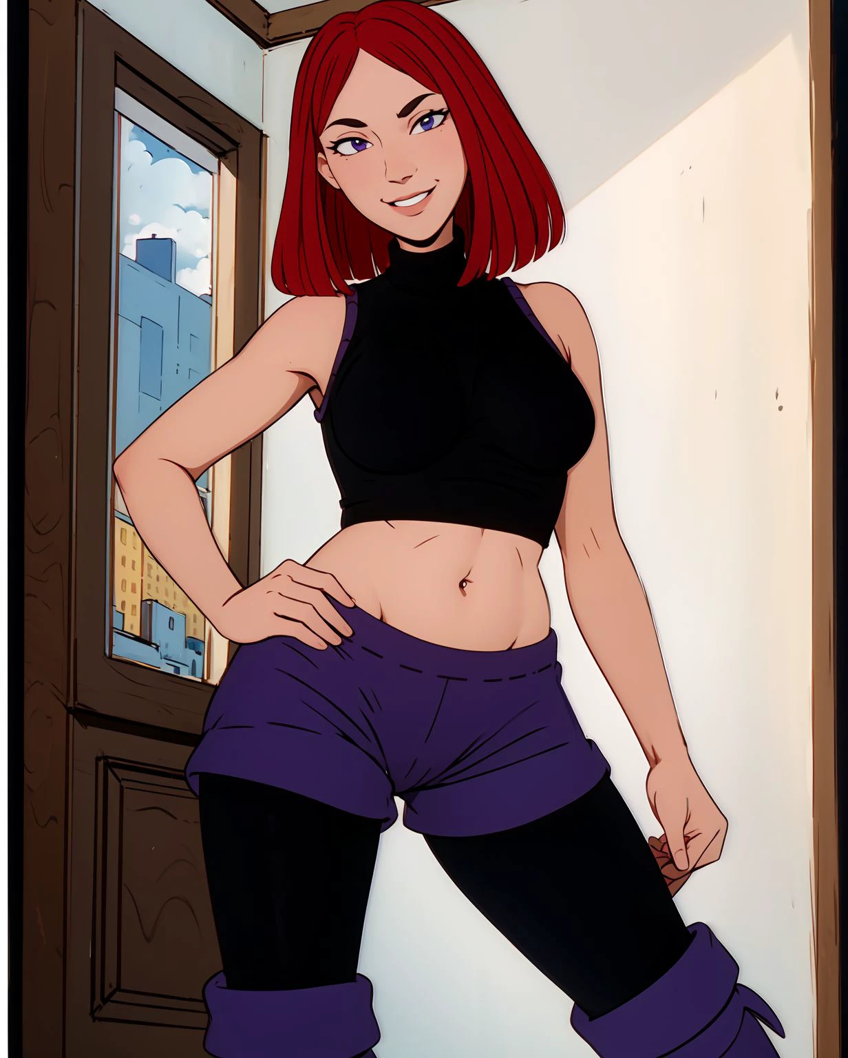 (masterpiece, best quality, high resolution:1.3), <lora:judyf-10:0.7> judyf, slender, red hair, black highlights, parted bangs, slim face, black dot eyes, purple sleeveless turtleneck croptop, purple shorts, sheer leggings, boots, looking at viewer, sly smirk