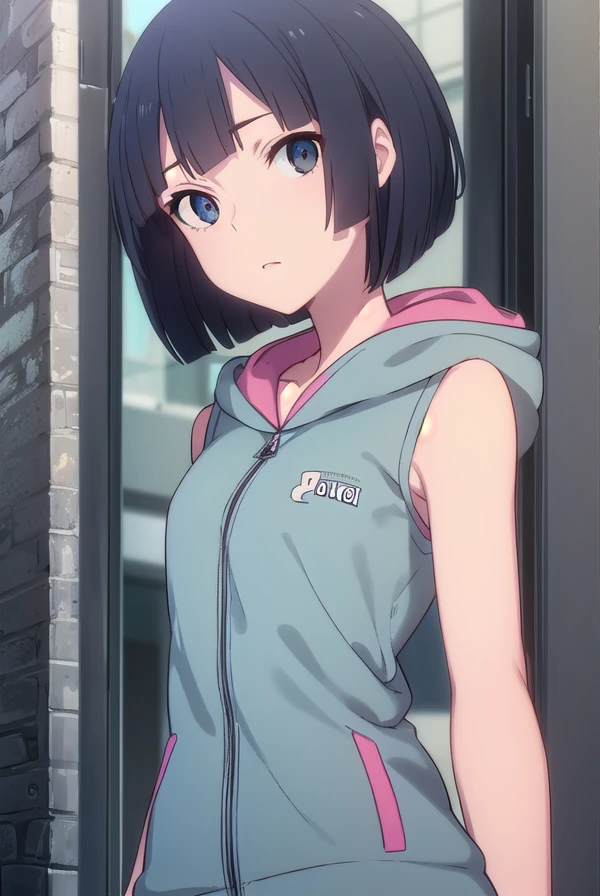 toukakishi, <lora:touka kishi hnu-lora-nochekaiser:1>,
touka kishi, short hair, black hair, bob cut, bangs, blunt bangs, (black eyes:1.3),
BREAK skirt, hood, hoodie, sleeveless, hood down, sleeveless hoodie,
BREAK outdoors, city, sun, clouds,
BREAK looking at viewer, (cowboy shot:1.5),
BREAK <lyco:GoodHands-beta2:1>, (masterpiece:1.2), best quality, high resolution, unity 8k wallpaper, (illustration:0.8), (beautiful detailed eyes:1.6), extremely detailed face, perfect lighting, extremely detailed CG, (perfect hands, perfect anatomy),